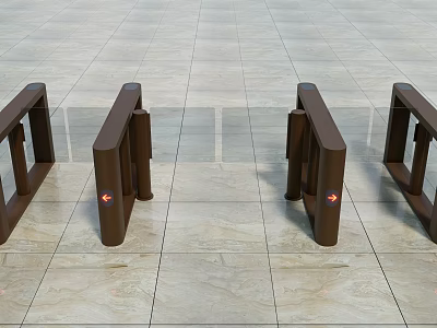 Public Facility Three Brown Access Gates Featuring Red Indicator Lights On Marble Floor 3d model