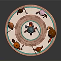 Game and Movie Characters with Armored Main Figure and Animal Like Sidekicks on Circular Platform