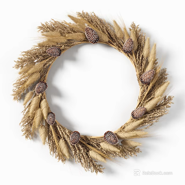 Natural Wheat Stems and Pinecones Decorative Hanging Wreath for Home Decoration 3d model 