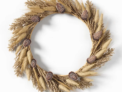 Natural Wheat Stems and Pinecones Decorative Hanging Wreath for Home Decoration 3d model