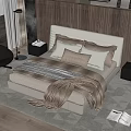 Modern Double Bed with Beige Brown Pillows Blanket Dark Wooden Panel Wall and Black Chair