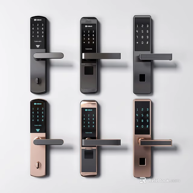 Modern Smart Door Handles With Keypad And Fingerprint Scanner In Black And Rose Gold 3d model 
