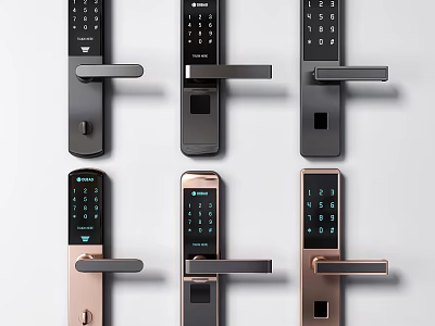 Modern Smart Door Handles With Keypad And Fingerprint Scanner In Black And Rose Gold 3d model