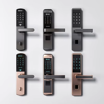 Modern Smart Door Handles With Keypad And Fingerprint Scanner In Black And Rose Gold 3d model