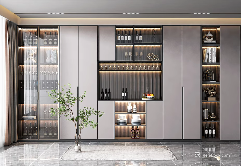 Modern Wine Cabinet Design With Glass Doors LED Lighting And Wine Storage 3d model 