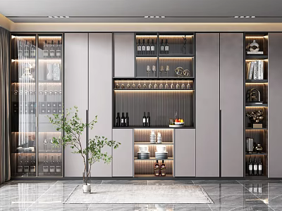 Modern Wine Cabinet Design With Glass Doors LED Lighting And Wine Storage 3d model