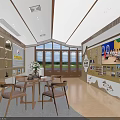Warm Kindergarten Interior Design With Wooden Windows Bookshelves Front Desk And Bright Atmosphere