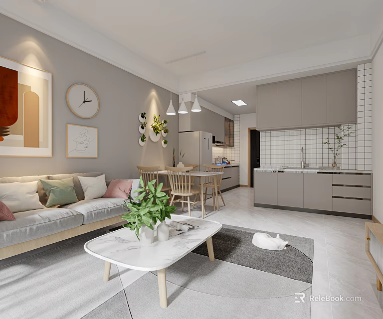 Modern Living Dining Room Interior Design With Sofa Pillows Coffee Table Dining Table And Cabinets 3d model 