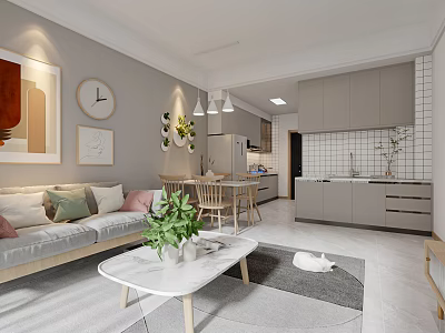 Modern Living Dining Room Interior Design With Sofa Pillows Coffee Table Dining Table And Cabinets 3d model