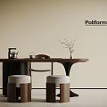 Poliform Modern Furniture Scene With Round Table Stools Chair And Vase Plant