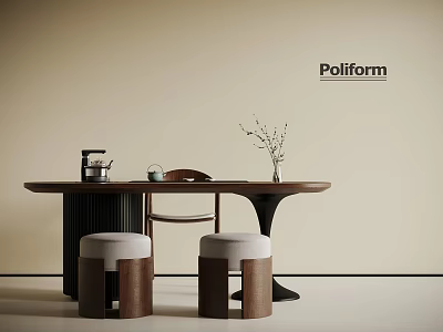 Poliform Modern Furniture Scene With Round Table Stools Chair And Vase Plant 3d model