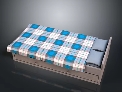 Single Bed Frame With Blue White Plaid Bedspread And Gray Drawer Storage 3d model