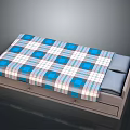 Single Bed Frame With Blue White Plaid Bedspread And Gray Drawer Storage