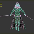 Game Movie Character In Brown Gold Mechanical Armor With Blue Glowing Elements And Dual Swords