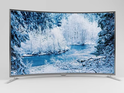 Curved Television Displaying High Definition Winter Forest Scene With Snow Covered Trees And River 3d model