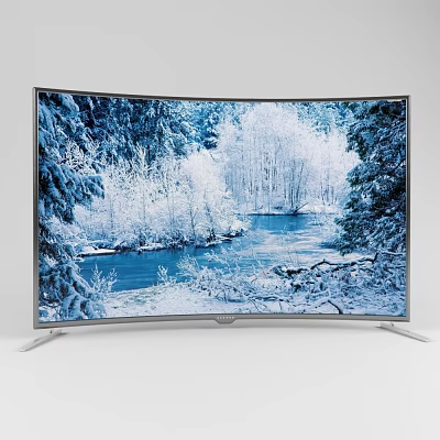 Curved Television Displaying High Definition Winter Forest Scene With Snow Covered Trees And River 3d model
