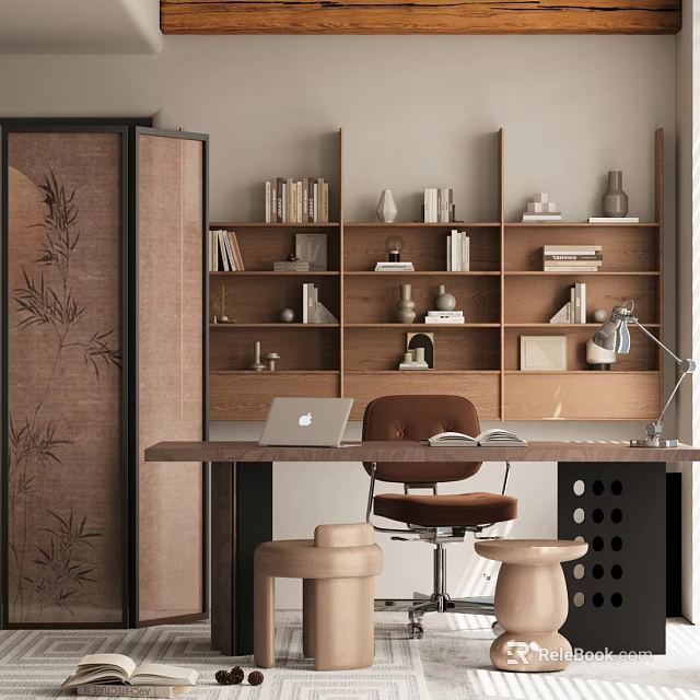 Stylish Modern Study Room Interior Design With Bamboo Screen Bookshelves And Desk Chair 3d model 