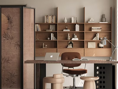 Stylish Modern Study Room Interior Design With Bamboo Screen Bookshelves And Desk Chair 3d model