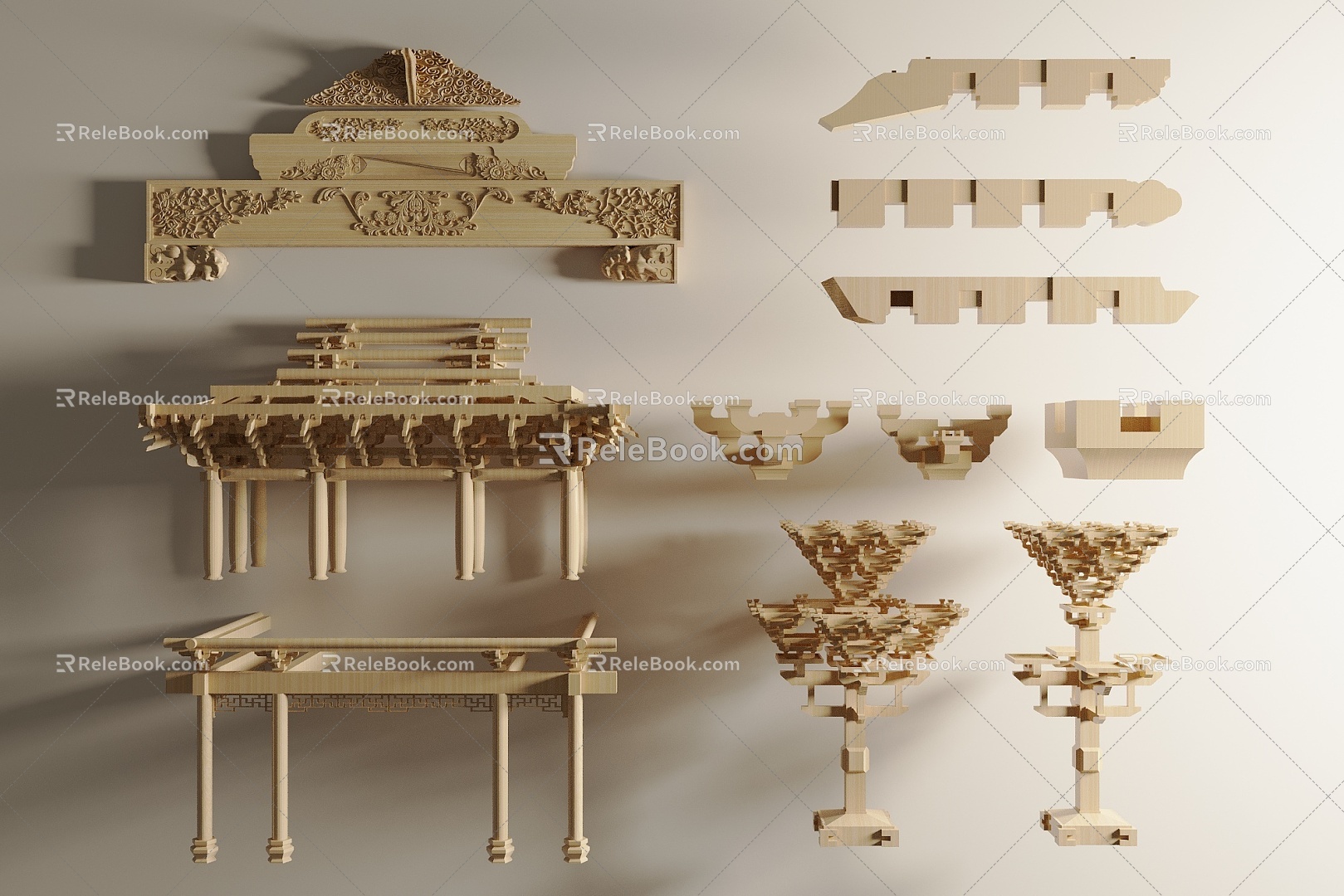 Chinese-style building components carved cross beam bucket arch mortise and tenon structure 3d model