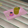 Wooden Cutting Board With Jar And Coffee Cups With Saucers On Wooden Table