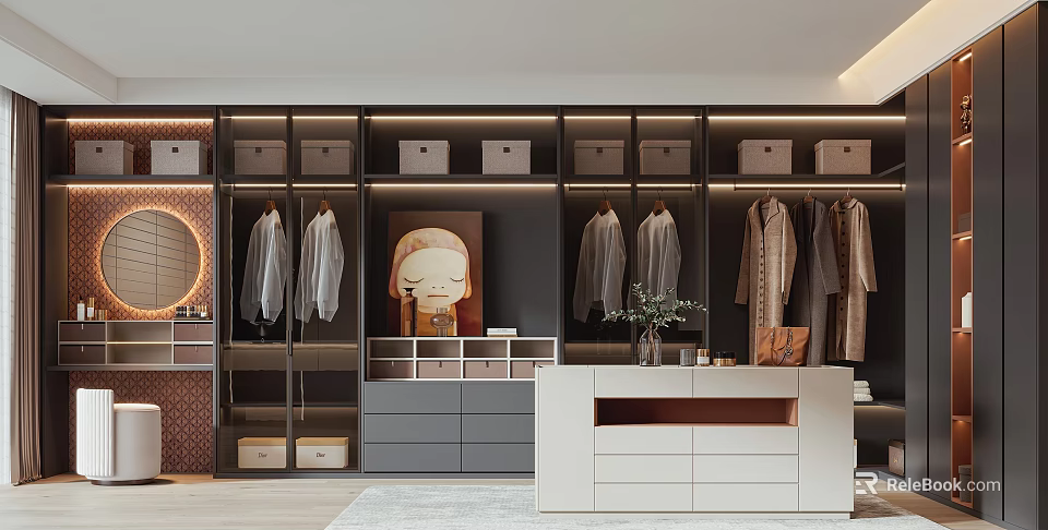 Modern Walk in Closet Interior Design With Hanging Clothes Drawers Storage Boxes And Cabinets 3d model 