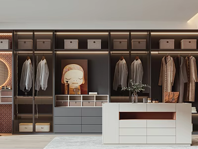 Modern Walk in Closet Interior Design With Hanging Clothes Drawers Storage Boxes And Cabinets 3d model