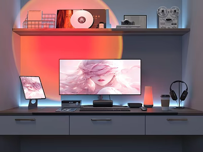 Modern Computer Desktop Setup With Dual Monitors Secondary Screen Headphones And LED Lights 3d model