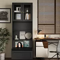 Modern Wooden Bookcase Near Desk With Vinyl Records Photo Frames Decorative Items And Plant