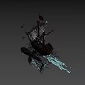 Floating Pirate Ship Model With Skull Flag White Sails And Water Reflection