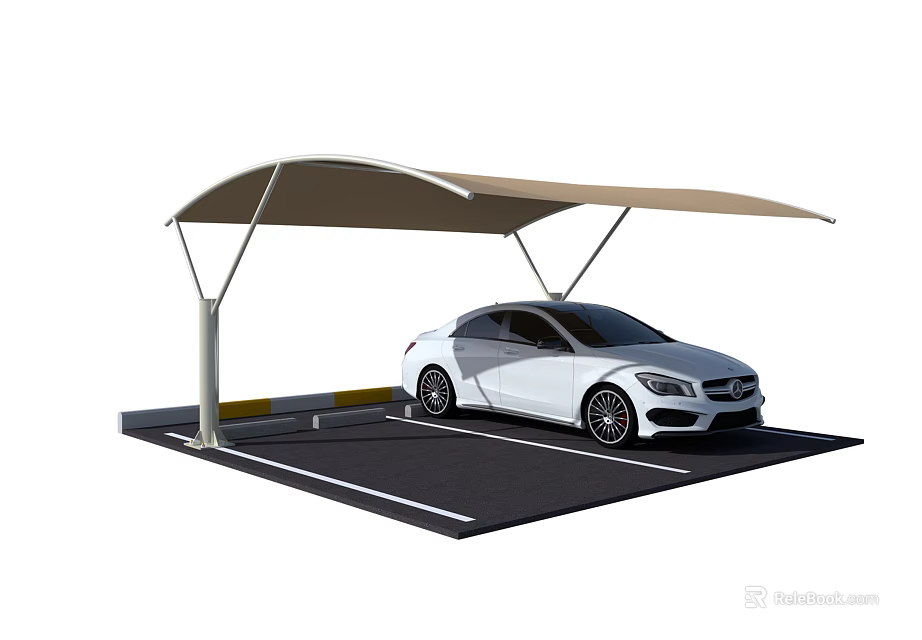 Modern Beige Cantilever Carport Covering White Car In Outdoor Parking Space 3d model 