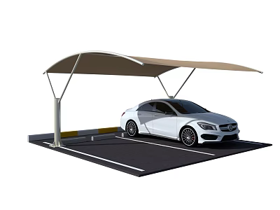 Modern Beige Cantilever Carport Covering White Car In Outdoor Parking Space 3d model