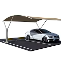 Modern Beige Cantilever Carport Covering White Car In Outdoor Parking Space