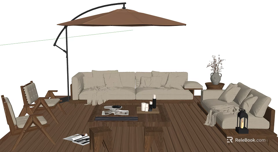 Outdoor Landscape Seating with Comfortable Sofa Wooden Deck and Umbrella Coffee Table and Potted Plants 3d model 