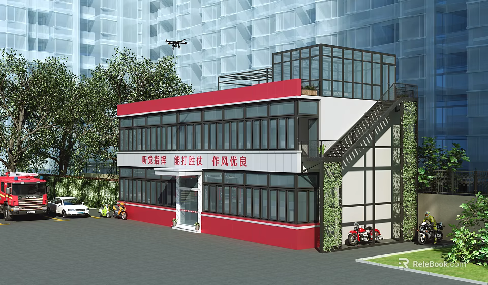 Red And White School Building Exterior With Glass Curtain Walls Staircase Green Plants And Vehicles 3d model 