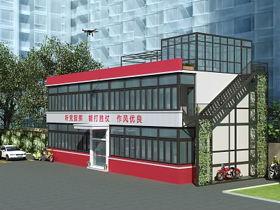 Red And White School Building Exterior With Glass Curtain Walls Staircase Green Plants And Vehicles 3d model