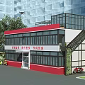 Red And White School Building Exterior With Glass Curtain Walls Staircase Green Plants And Vehicles