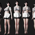 Woman In Stylish Maid Outfit With Striped Crop Top White Apron And Black Skirt