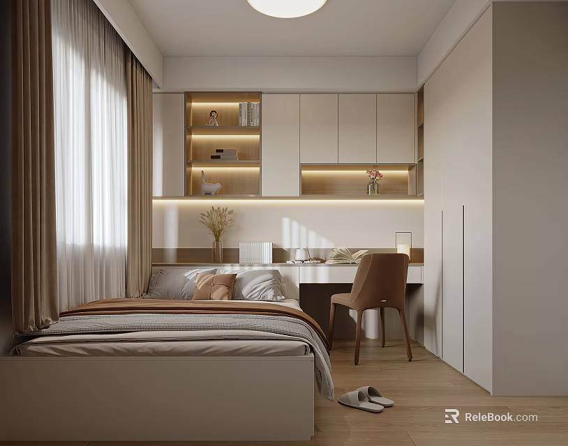 Tatami Bedroom Interior Design With Built in Cabinets Desk Chair Window Curtains And Soft Lighting 3d model 