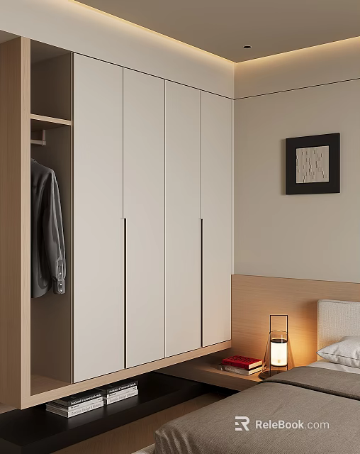 Modern Wardrobe With White Doors And Wooden Frame In Bedroom Setting With Hanging Coat 3d model 