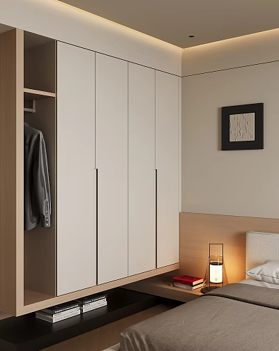 Modern Wardrobe With White Doors And Wooden Frame In Bedroom Setting With Hanging Coat 3d model