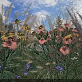 Vibrant Pink Yellow And Purple Flowers With Tall Grasses Under Blue Sky And White Clouds