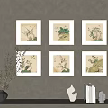 Six Botanical Paintings With White Frames On Gray Wall And Decorative Elements