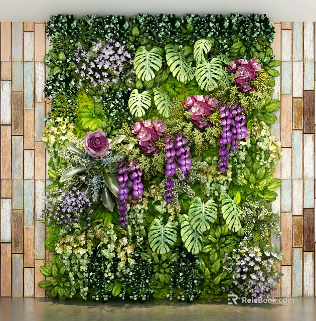 Living Plant Wall Design With Purple Flowers Pink Blooms And Fern Leaves On Wooden Background 3d model 