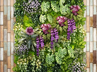 Living Plant Wall Design With Purple Flowers Pink Blooms And Fern Leaves On Wooden Background 3d model