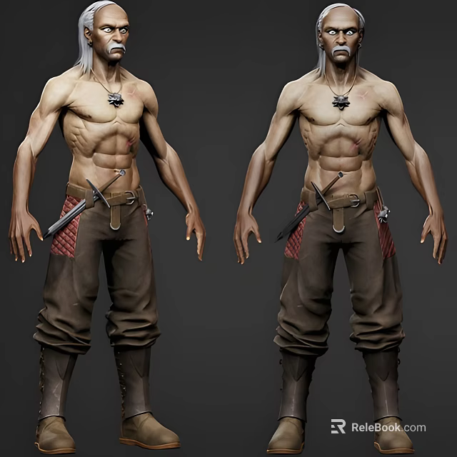 Muscular Shirtless Man In Brown Pants With Sword Accessories 3d model 