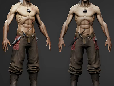 Muscular Shirtless Man In Brown Pants With Sword Accessories 3d model