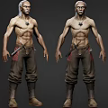 Muscular Shirtless Man In Brown Pants With Sword Accessories