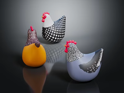Cute Decorative Chicken Figurines In Yellow Black White Polka Dot And Blue Gray Designs 3d model