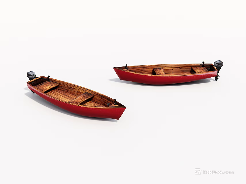 Two Red Hulled Wooden Boats With Wooden Interiors And Black Outboard Motors 3d model 