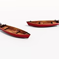 Two Red Hulled Wooden Boats With Wooden Interiors And Black Outboard Motors